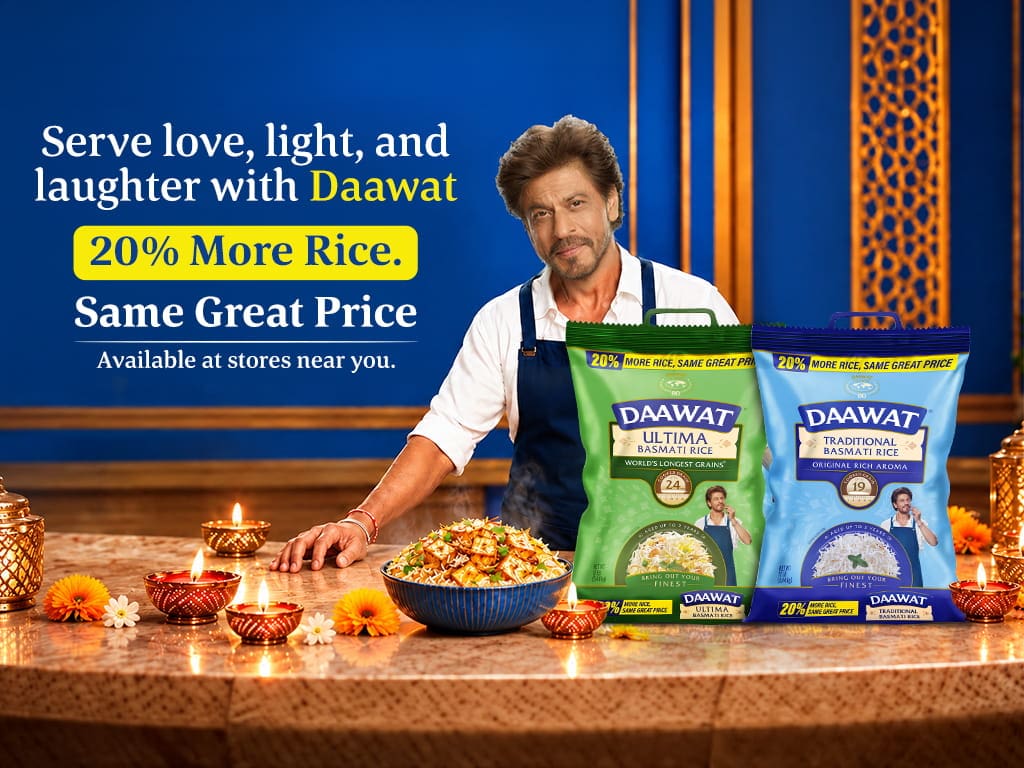 Daawat promotional banner for mobile featuring Shah Rukh Khan, highlighting 20% more rice at the same price, with Daawat Ultima and Traditional basmati rice packs.
